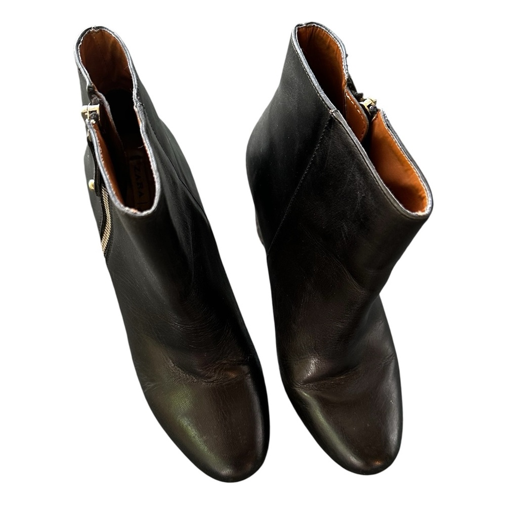 ZARA Booties Ankle 3” Heel Boots Black Leather Sz 7.5 GUC